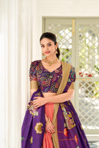 Lorenvalley Peach Dola Silk Kalamkari Print With Weaving Border Lehenga Choli
