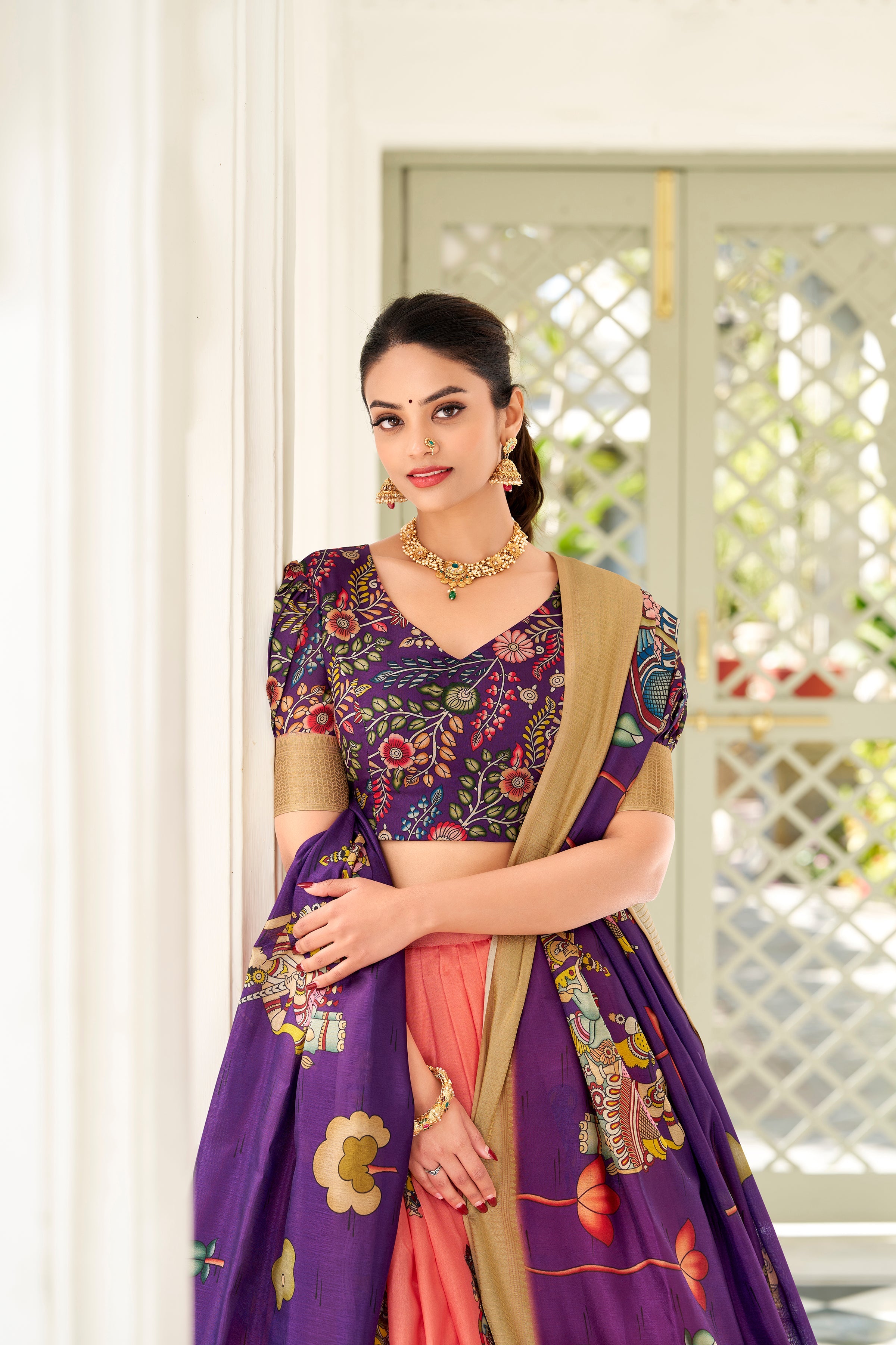 Lorenvalley Peach Dola Silk Kalamkari Print With Weaving Border Lehenga Choli