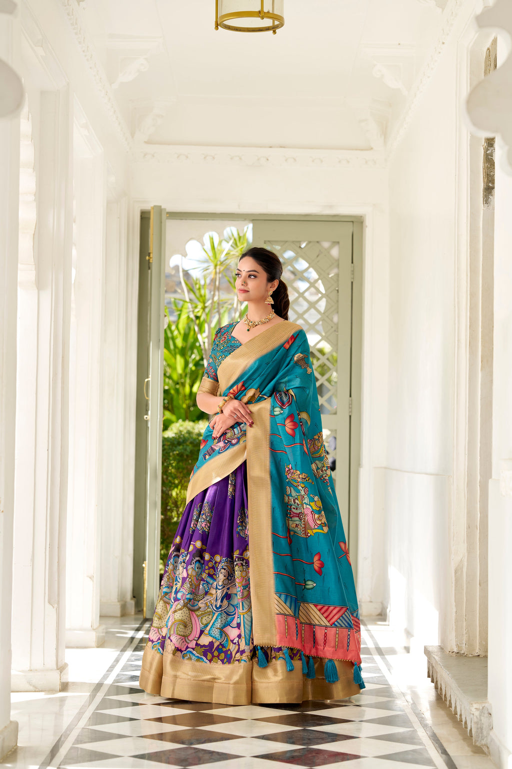 Lorenvalley Purple Dola Silk Kalamkari Print With Weaving Border Lehenga Choli