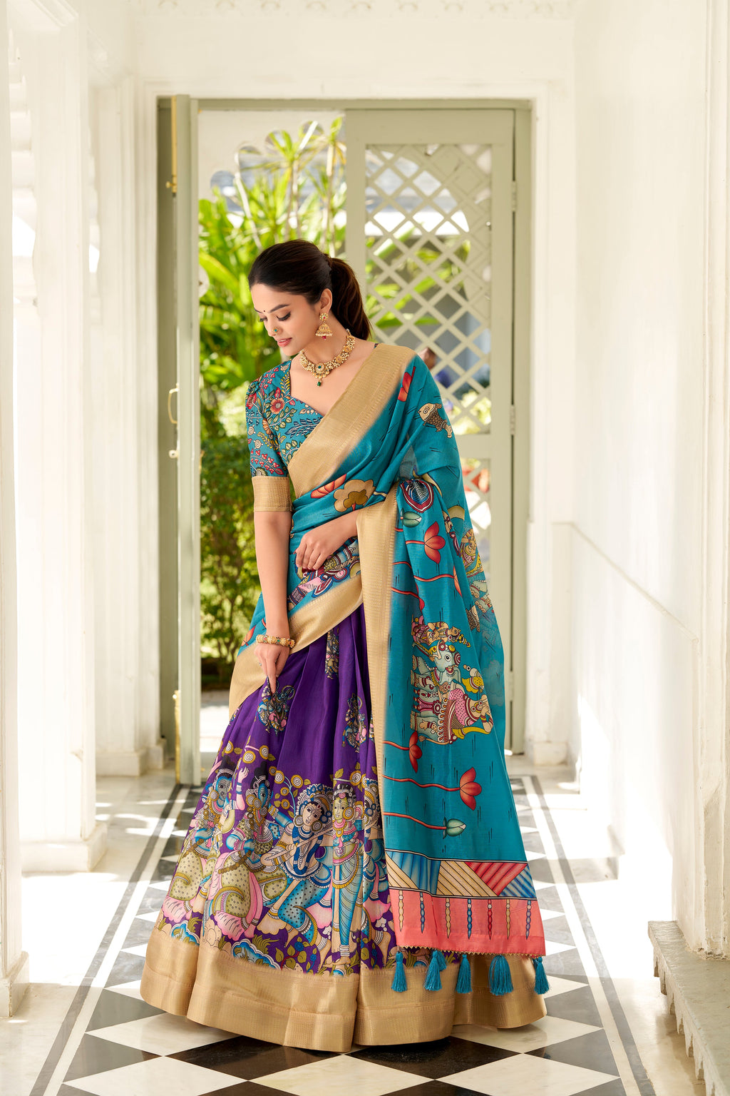 Lorenvalley Purple Dola Silk Kalamkari Print With Weaving Border Lehenga Choli