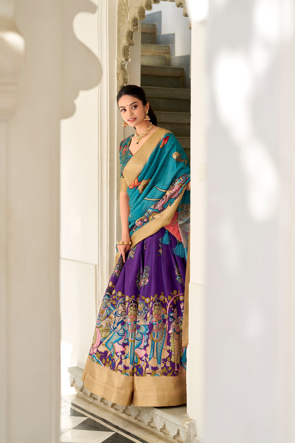 Lorenvalley Purple Dola Silk Kalamkari Print With Weaving Border Lehenga Choli