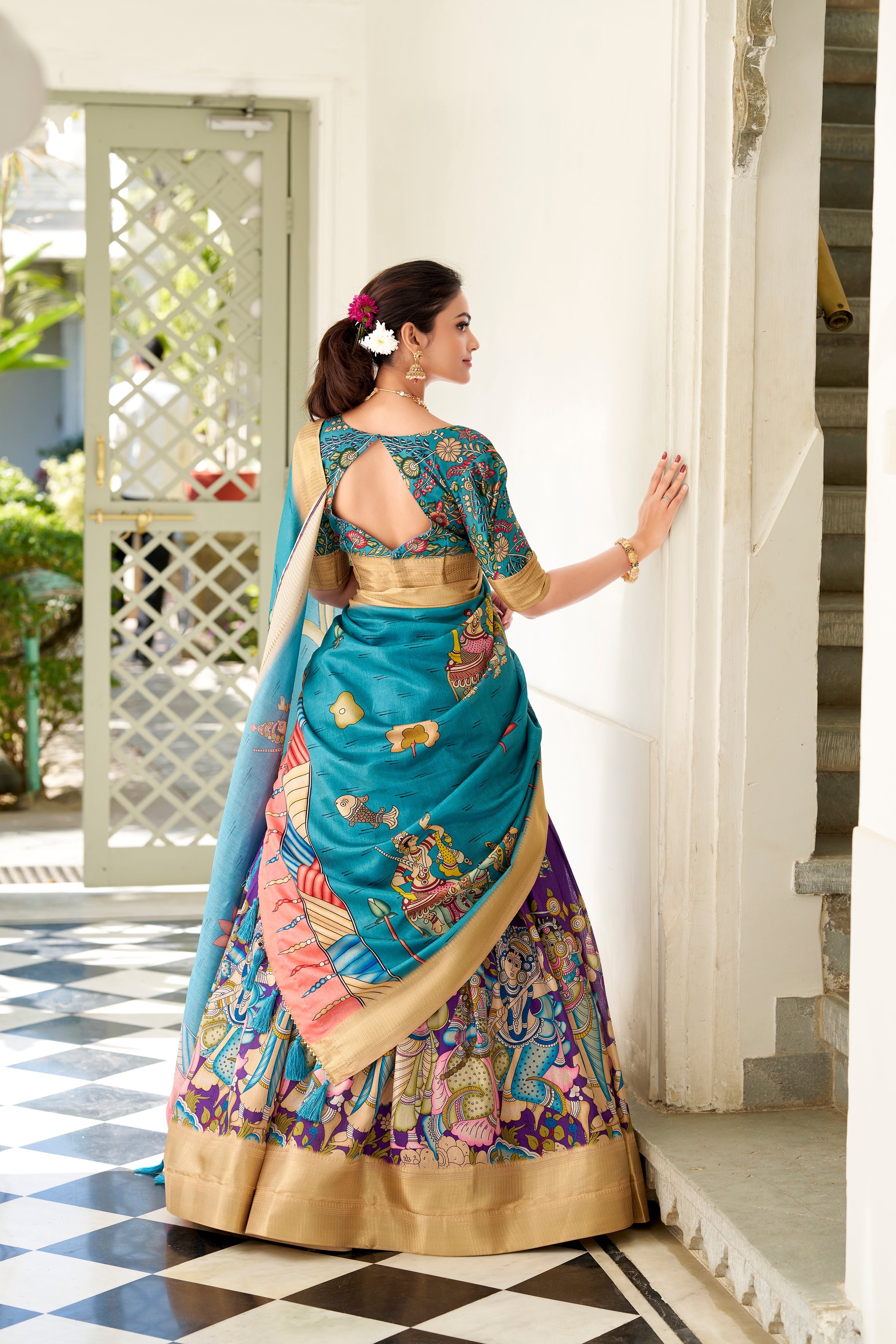 Lorenvalley Purple Dola Silk Kalamkari Print With Weaving Border Lehenga Choli