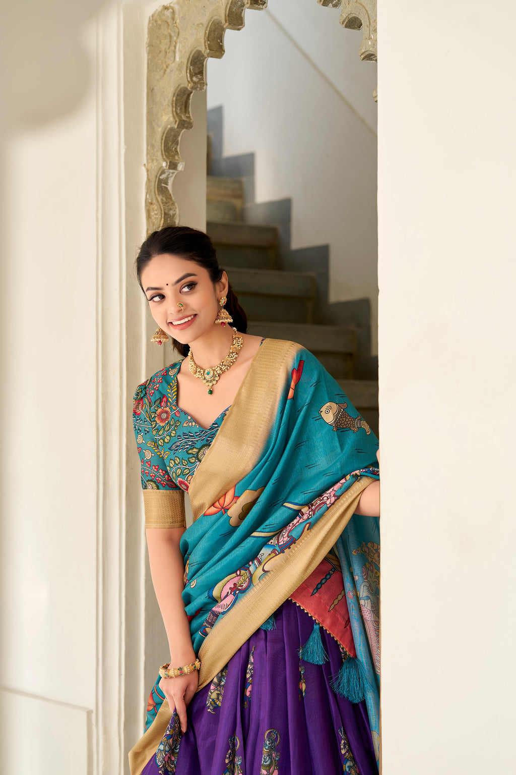 Lorenvalley Purple Dola Silk Kalamkari Print With Weaving Border Lehenga Choli