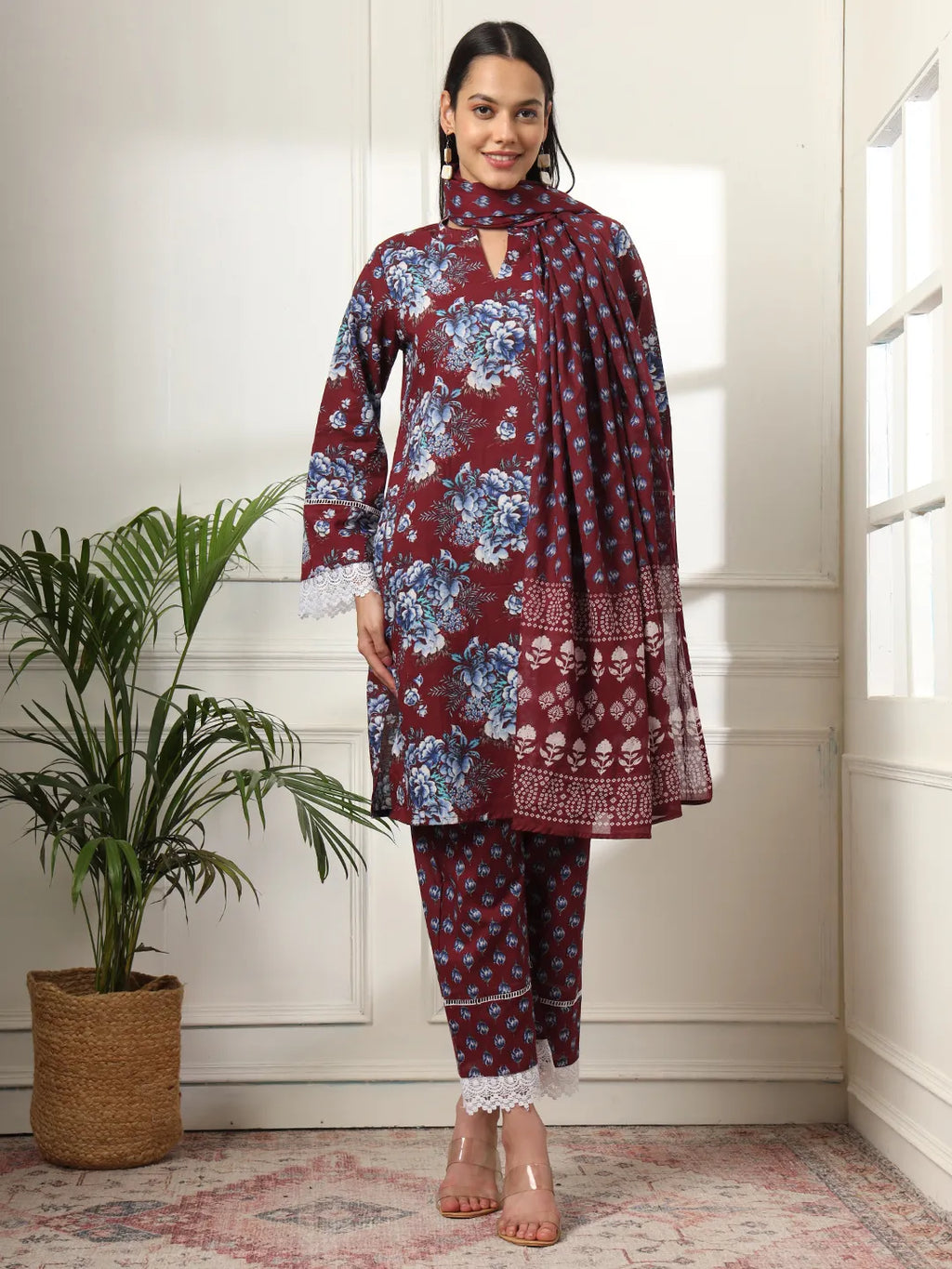 Yufta Maroon Pakistani Cotton Kurta Dupatta Set
