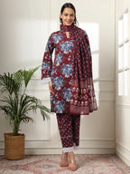 Yufta Maroon Pakistani Cotton Kurta Dupatta Set