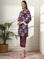 Yufta Maroon Pakistani Cotton Kurta Dupatta Set