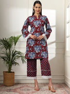 Yufta Maroon Pakistani Cotton Kurta Dupatta Set