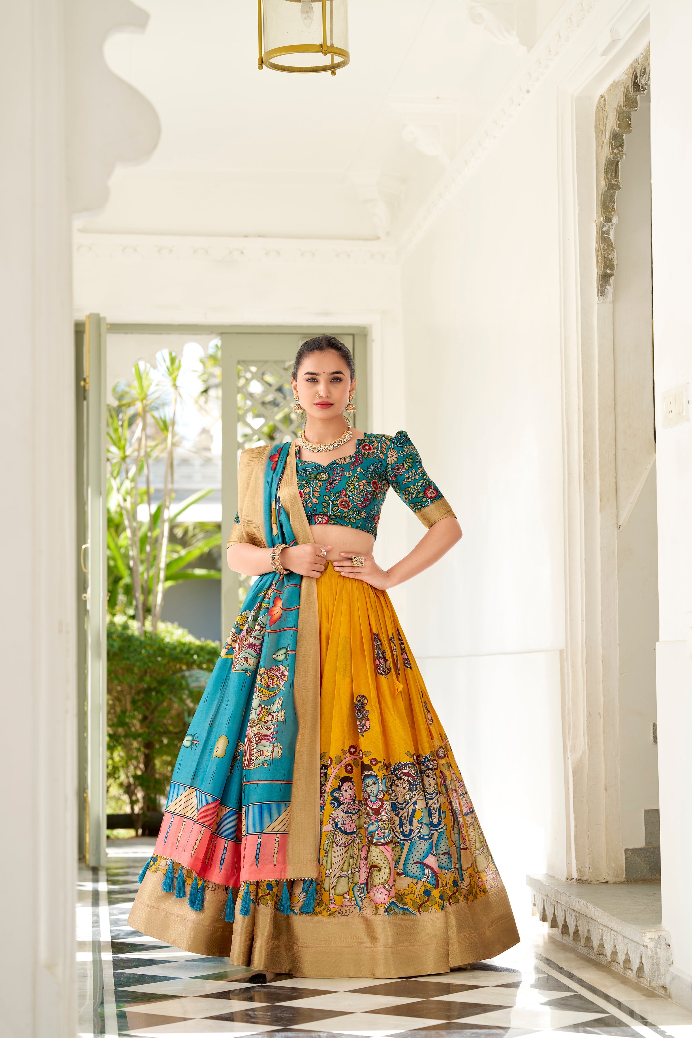 Lorenvalley Yellow Dola Silk Kalamkari Print With Weaving Border Lehenga Choli