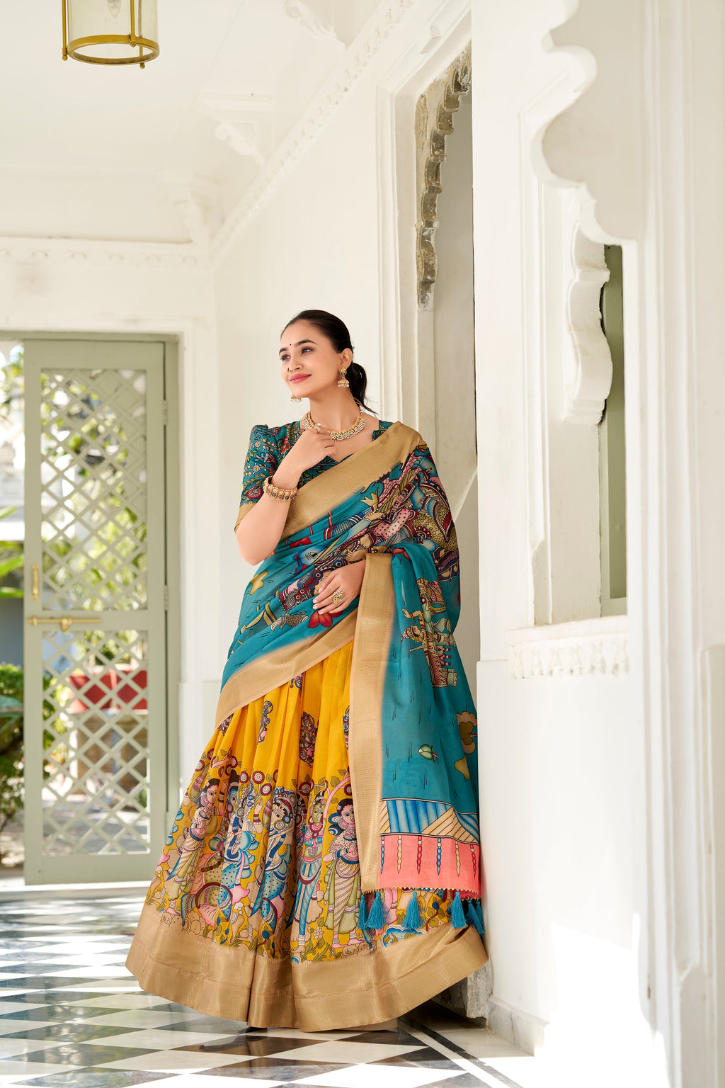 Lorenvalley Yellow Dola Silk Kalamkari Print With Weaving Border Lehenga Choli