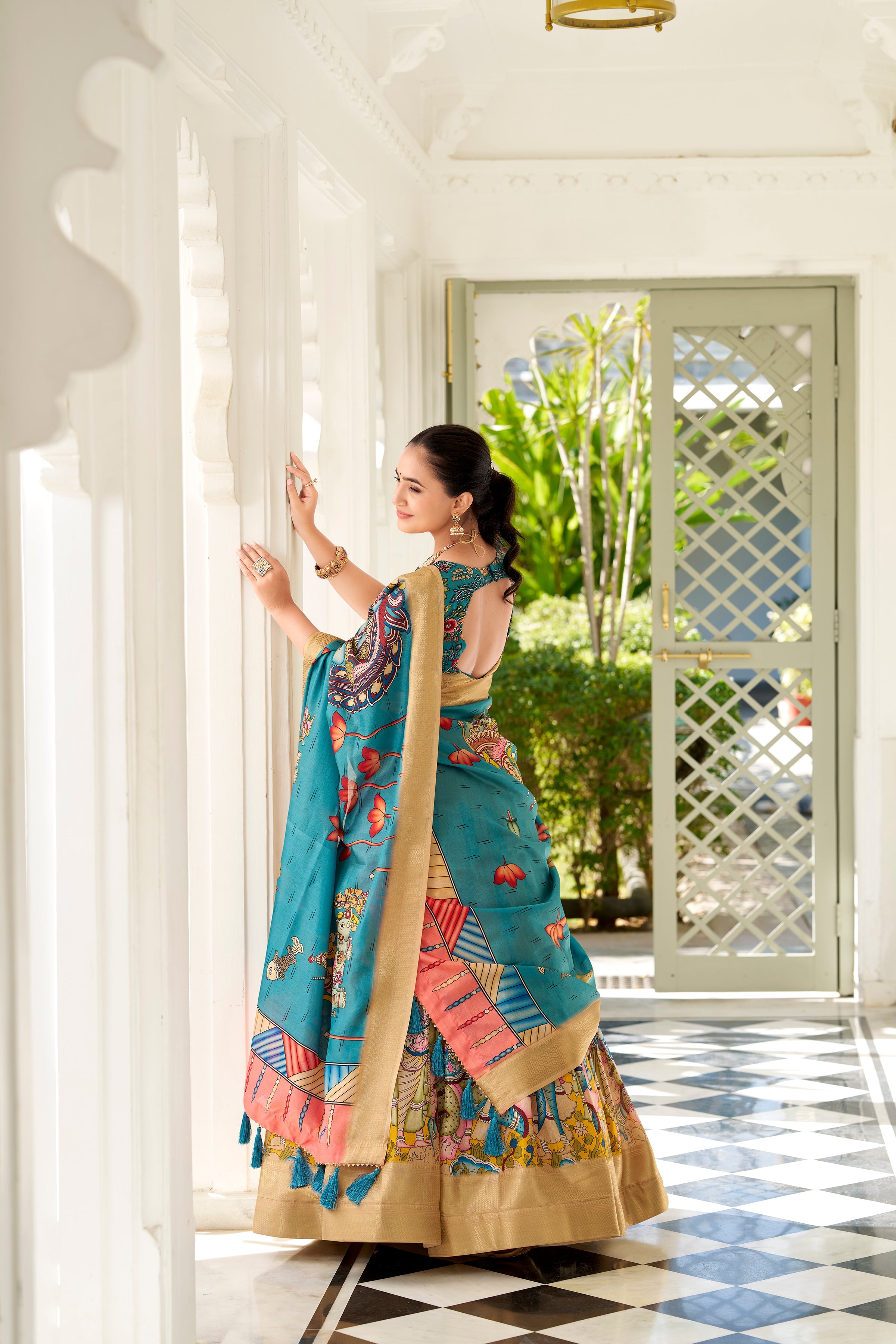 Lorenvalley Yellow Dola Silk Kalamkari Print With Weaving Border Lehenga Choli