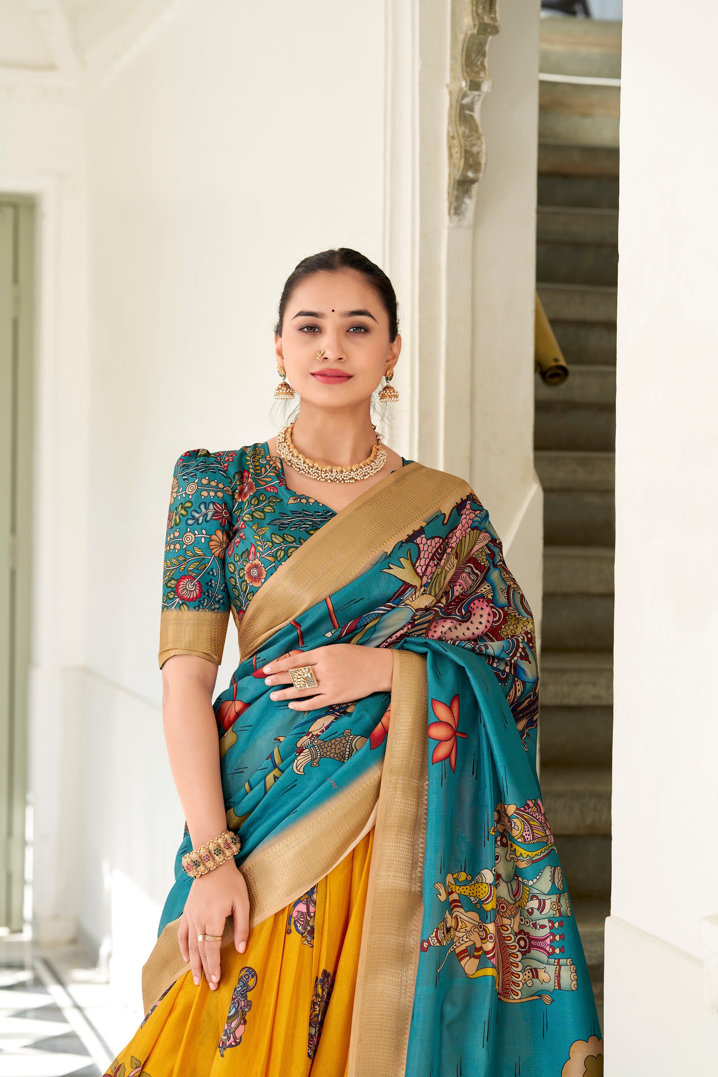 Lorenvalley Yellow Dola Silk Kalamkari Print With Weaving Border Lehenga Choli