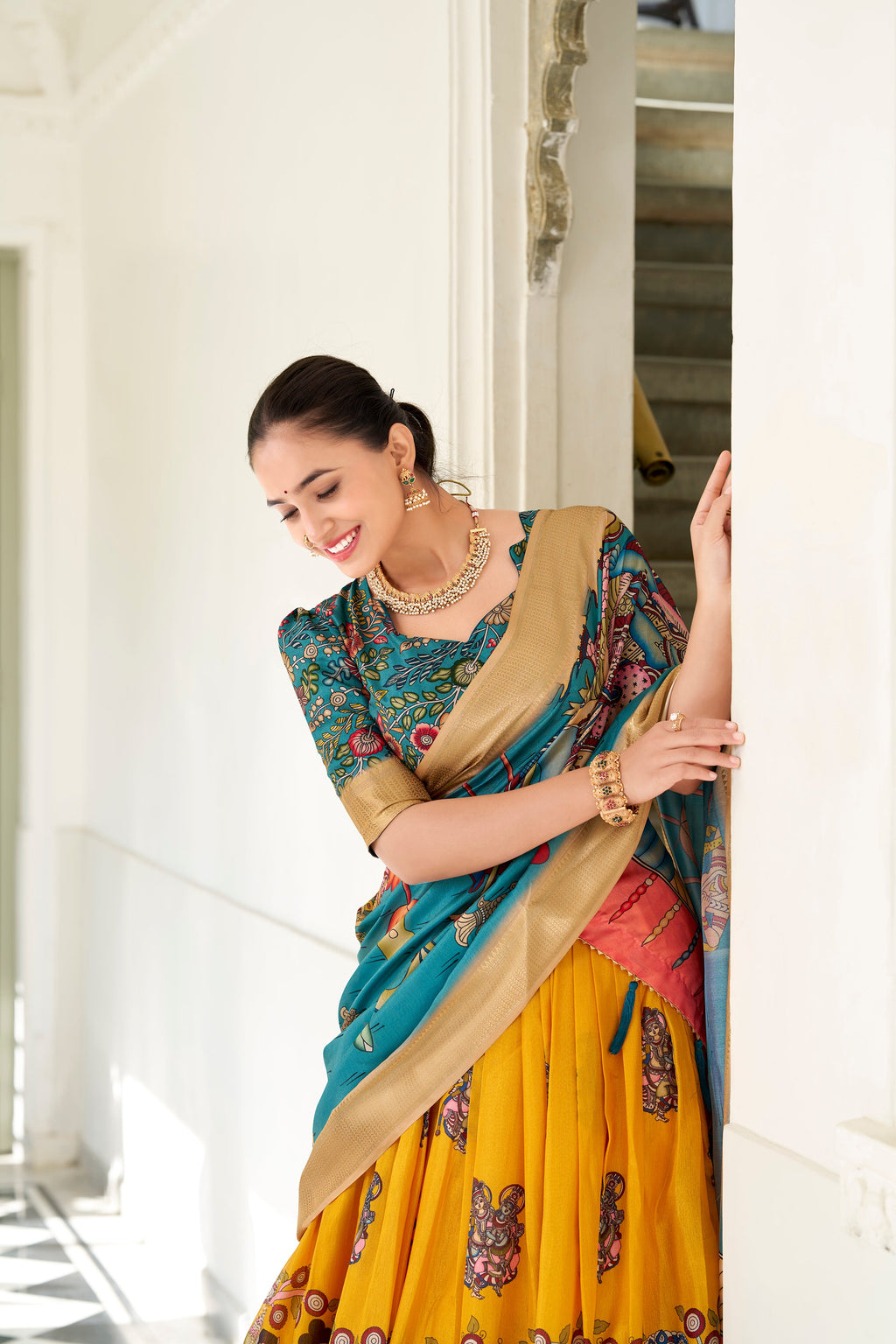 Lorenvalley Offwhite Tussar Silk Patola Print With foil work Lehenga Choli