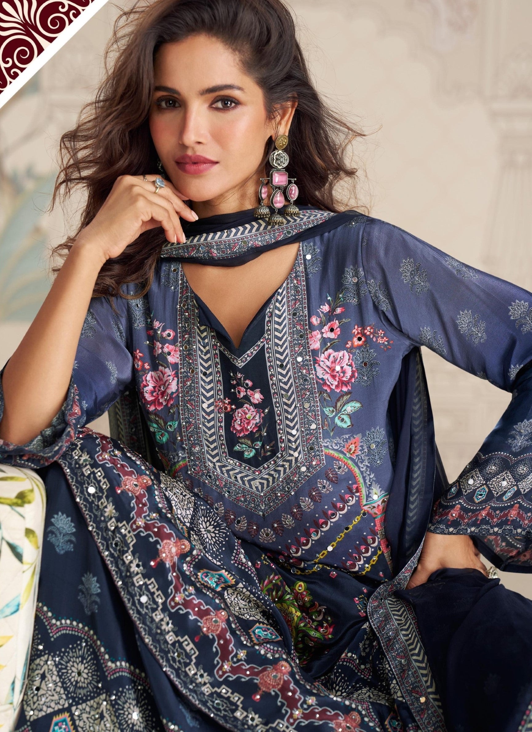 Anaita Navy Blue Crepe Stitched Sharara Suit With Hand Mirror Work - Distacart