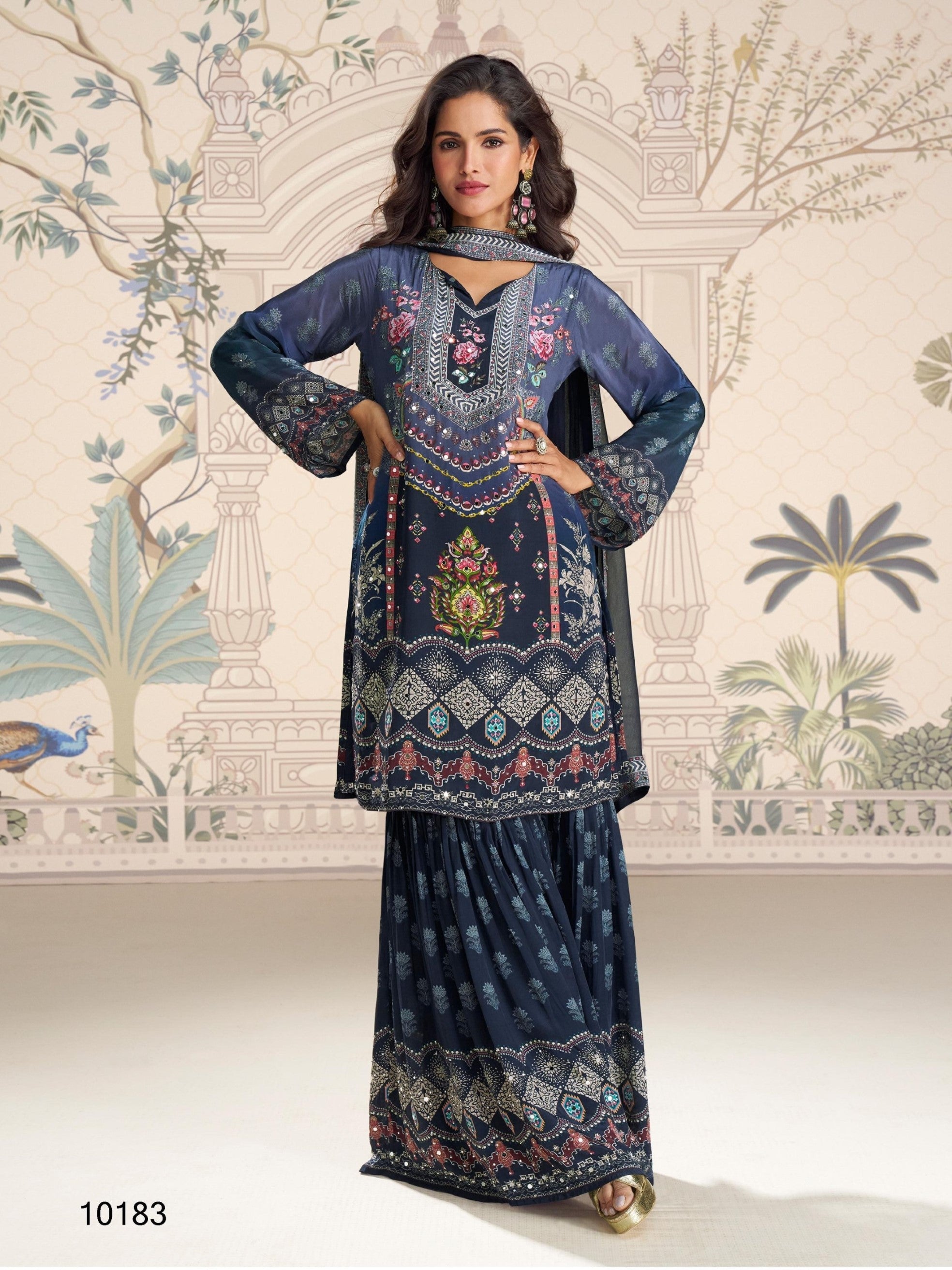 Anaita Navy Blue Crepe Stitched Sharara Suit With Hand Mirror Work - Distacart