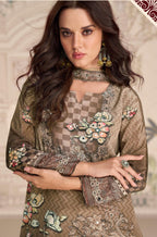 Anaita Brown Crepe Stitched Sharara Suit With Hand Mirror Work - Distacart