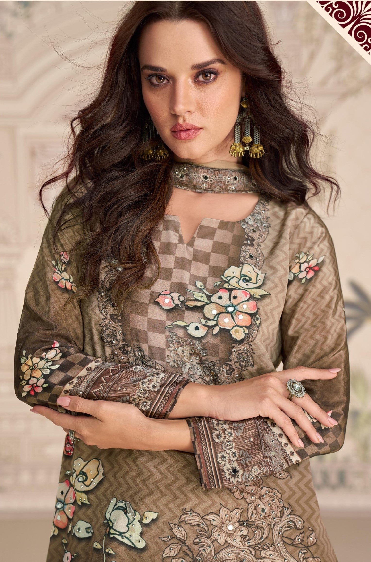 Anaita Brown Crepe Stitched Sharara Suit With Hand Mirror Work - Distacart