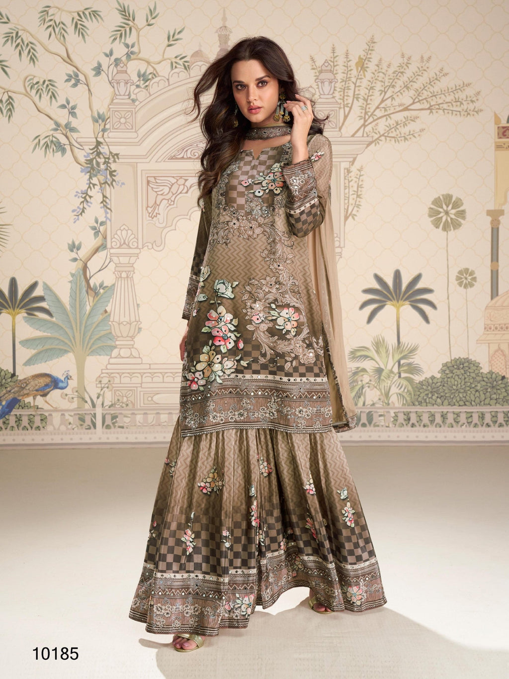 Anaita Brown Crepe Stitched Sharara Suit With Hand Mirror Work - Distacart
