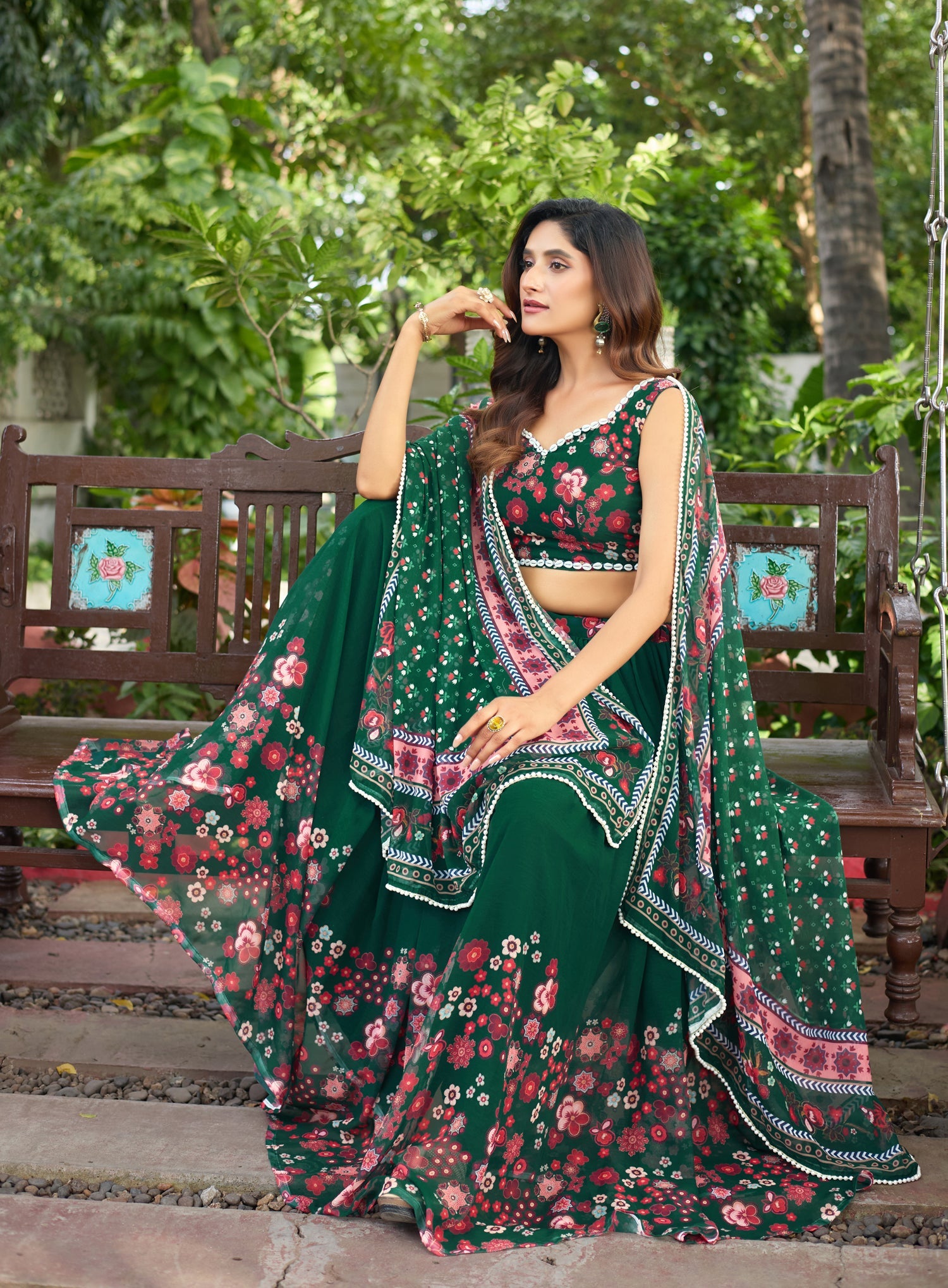 Lorenvalley Fashion Green Georgette Digital Printed Lehenga Choli with Dupatta - Distacart