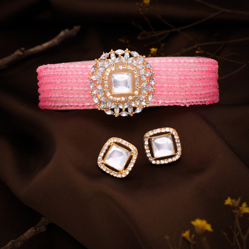 Tehzeeb Creations Brass Gold-Polished Gold, Pink, White Jewel Set