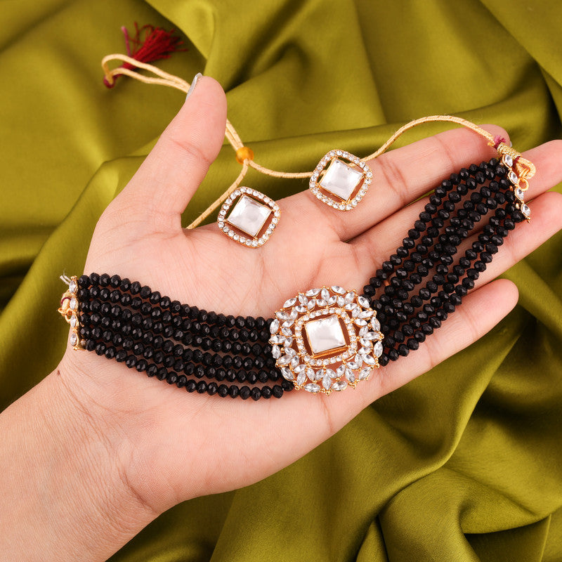 Tehzeeb Creations Brass Gold-Polished Gold, Black, White Jewel Set  