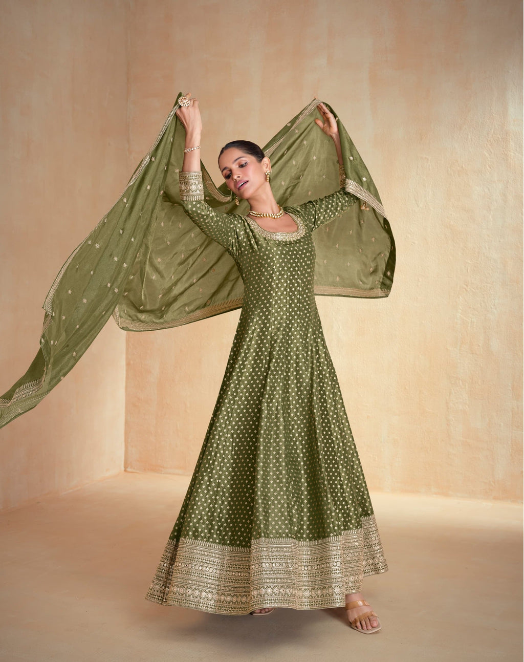 Anaita Olive Green Embroidered Viscose Jacquard Stitched Anarkali Suit - Distacart