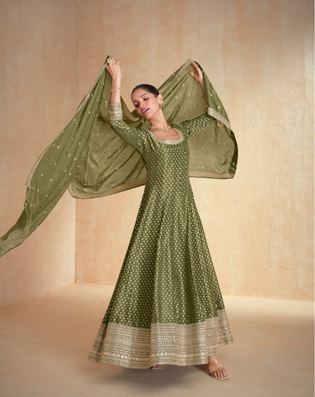 Anaita Olive Green Embroidered Viscose Jacquard Stitched Anarkali Suit