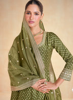 Anaita Olive Green Embroidered Viscose Jacquard Stitched Anarkali Suit - Distacart