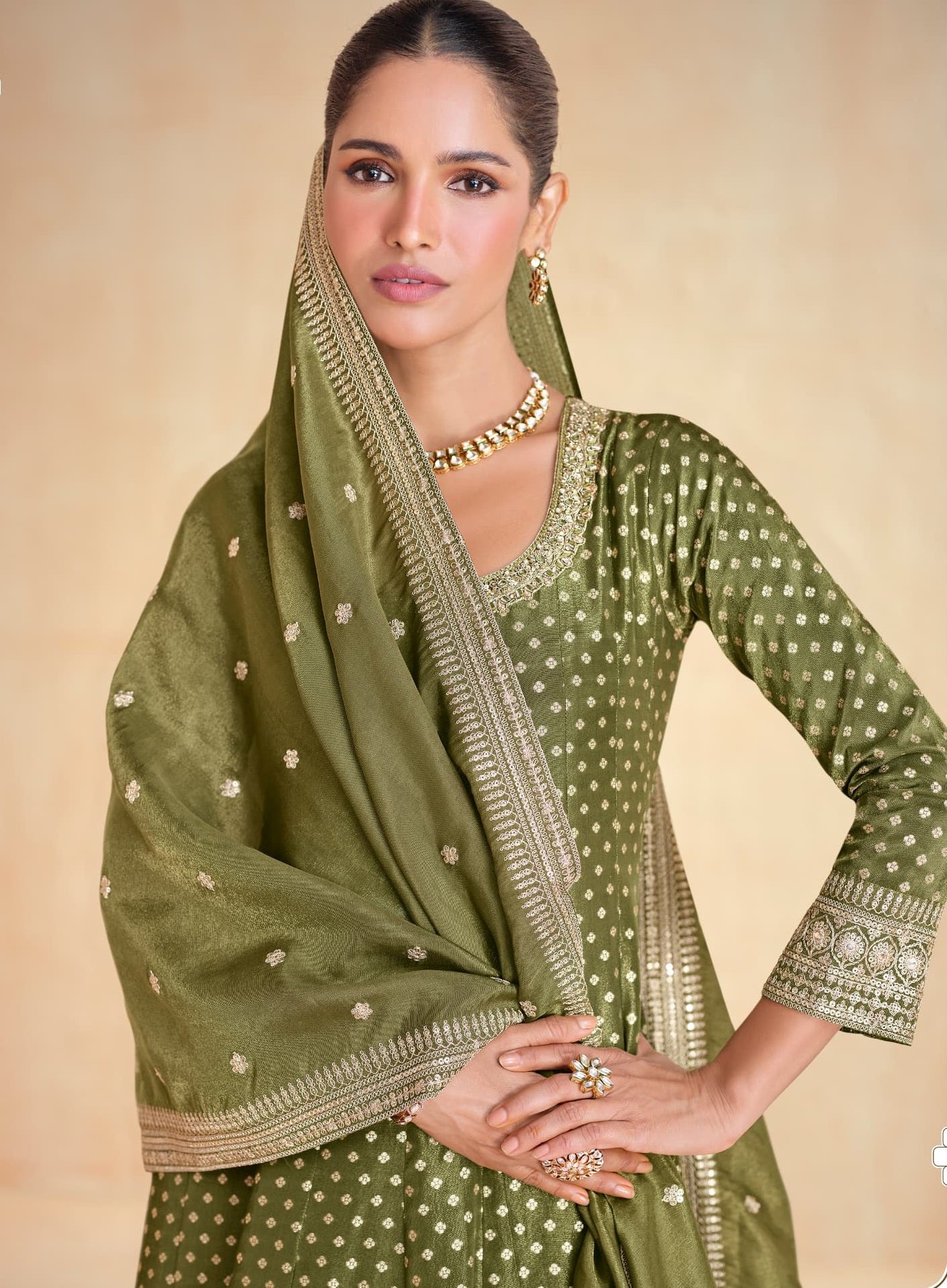 Anaita Olive Green Embroidered Viscose Jacquard Stitched Anarkali Suit - Distacart