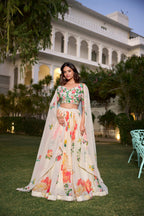 Lorenvalley Fashion Cream Georgette Floral Print With Lace Border Lehenga Choli with Dupatta