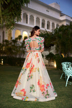 Lorenvalley Fashion Cream Georgette Floral Print With Lace Border Lehenga Choli with Dupatta