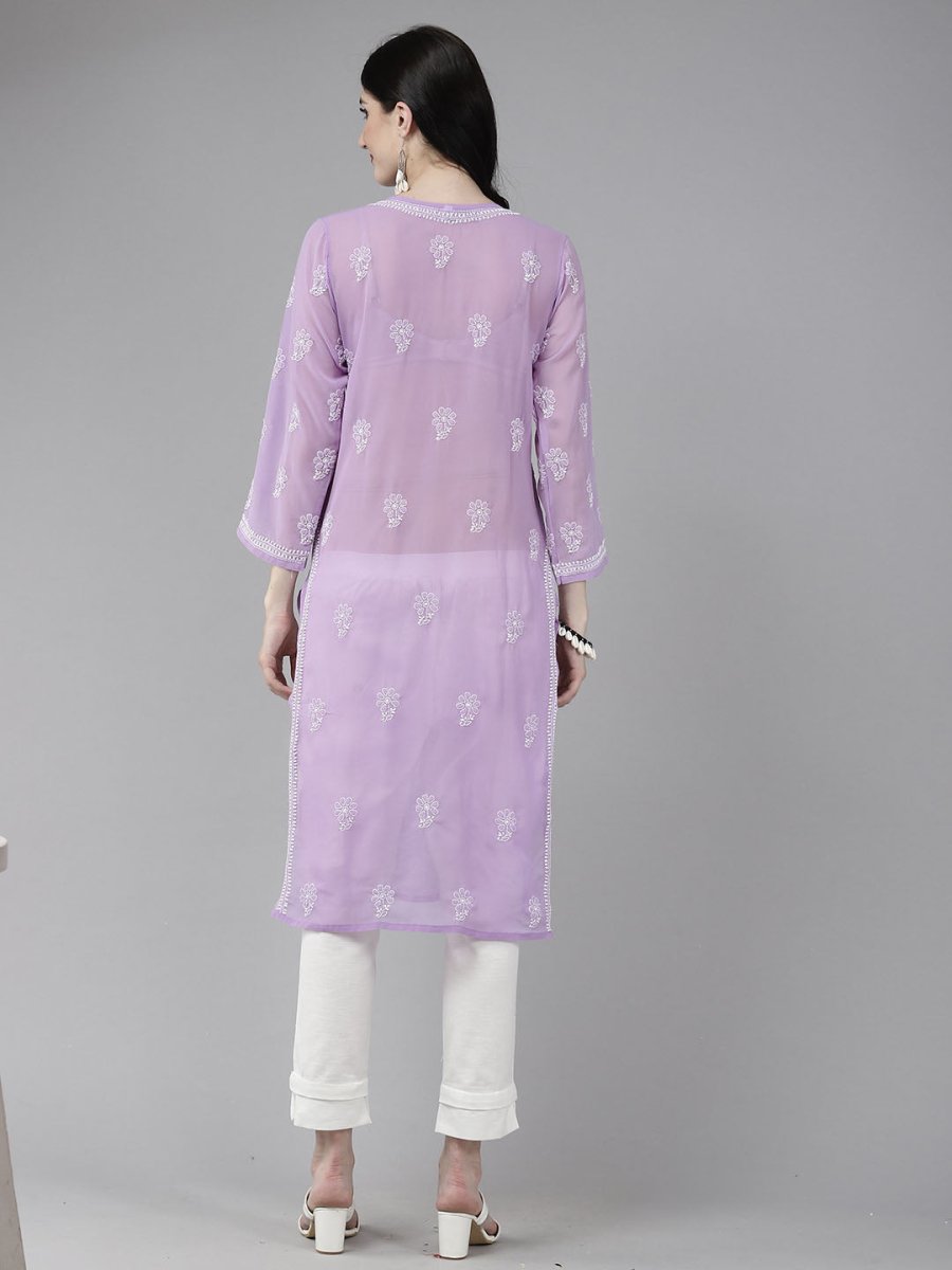 ADA Women Purple & White Ethnic Motifs Embroidered Chikankari Georgette Kurta