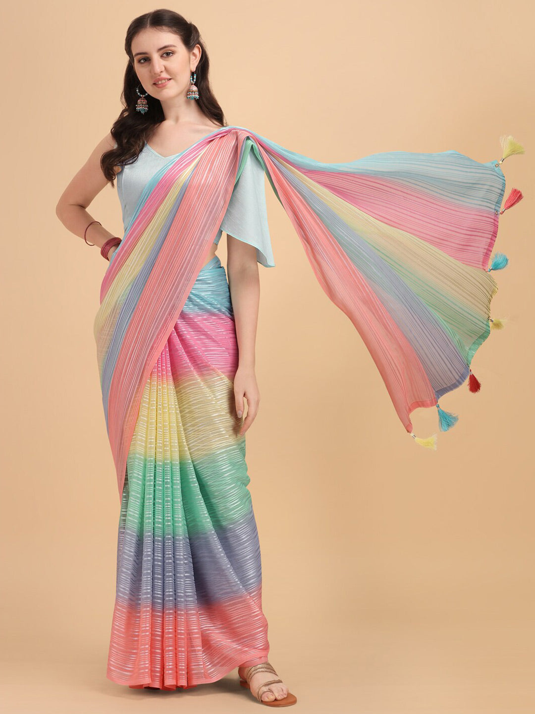 Sangria Blue & Pink Georgette Striped Zari Work Saree - Distacart