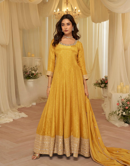 Anaita Yellow Chinon Stitched Jacquard Anarkali Suit With Codding Dori & Sequence Work