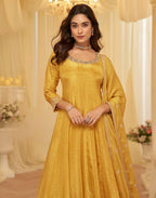 Anaita Yellow Chinon Stitched Jacquard Anarkali Suit With Codding Dori & Sequence Work - Distacart