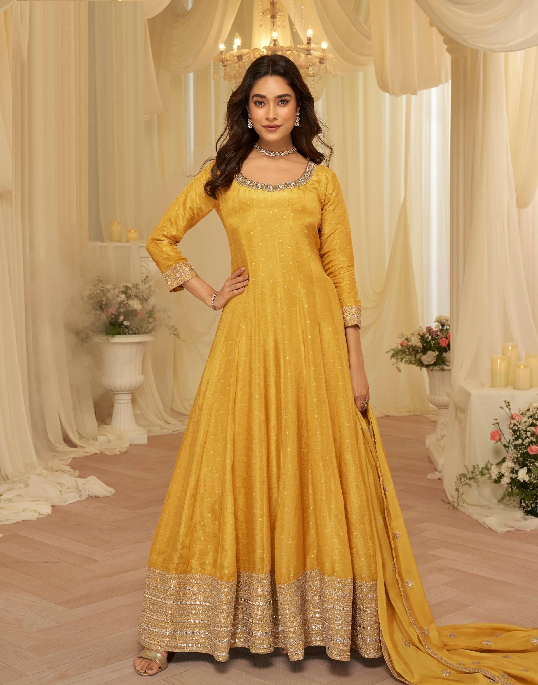 Anaita Yellow Chinon Stitched Jacquard Anarkali Suit With Codding Dori & Sequence Work - Distacart