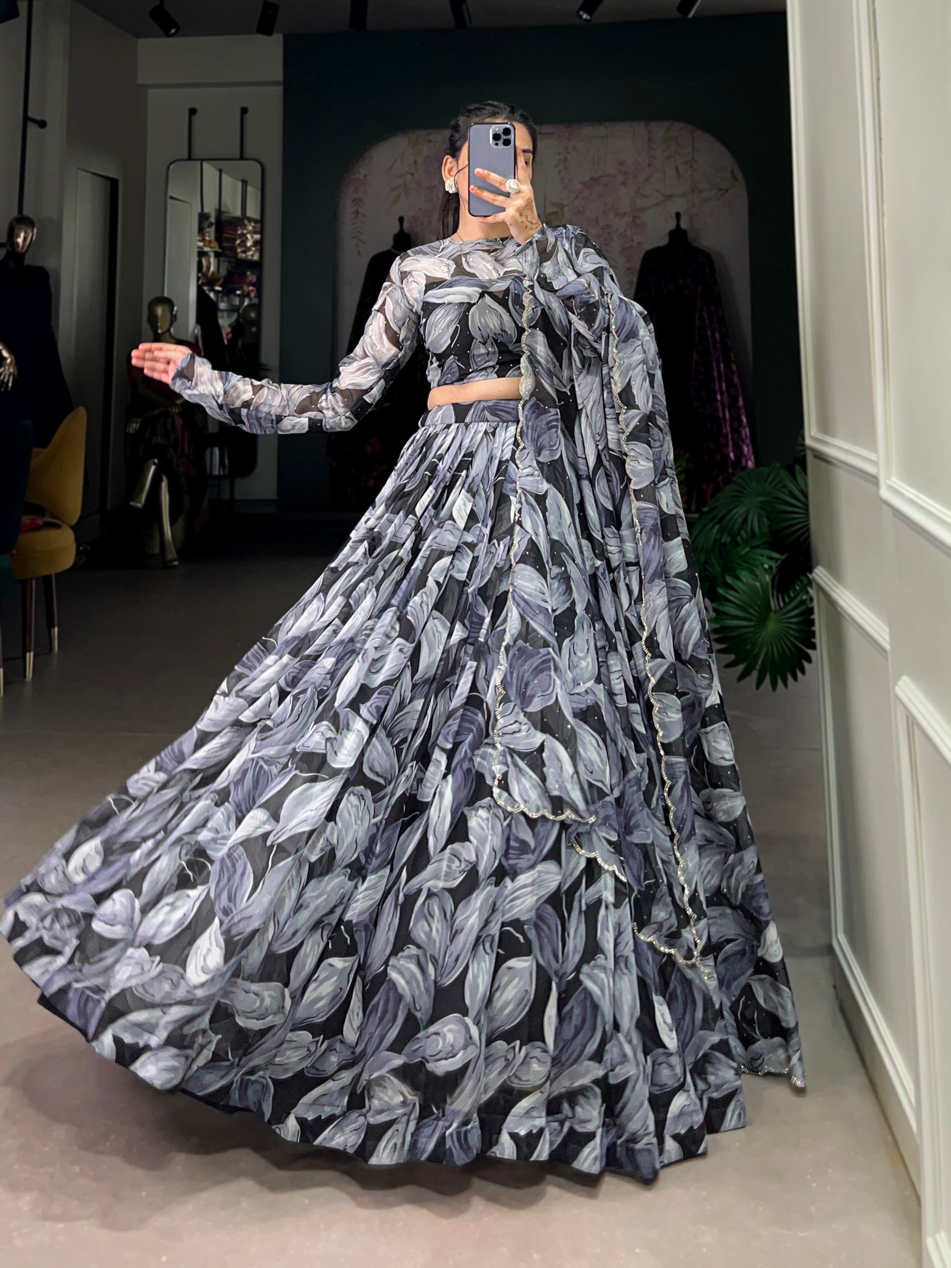 Lorenvalley Black Tabby Silk Printed with Hotfix Lehenga Choli with Dupatta