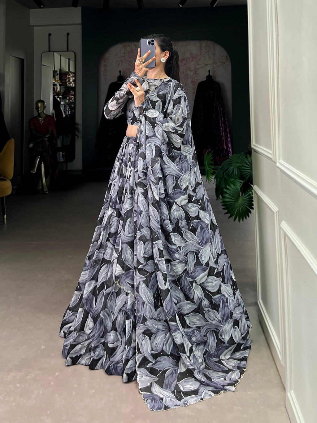 Lorenvalley Black Tabby Silk Printed with Hotfix Lehenga Choli with Dupatta