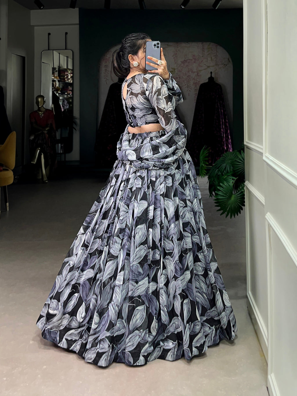 Lorenvalley Black Tabby Silk Printed with Hotfix Lehenga Choli with Dupatta