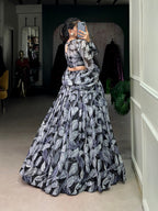 Lorenvalley Black Tabby Silk Printed with Hotfix Lehenga Choli with Dupatta