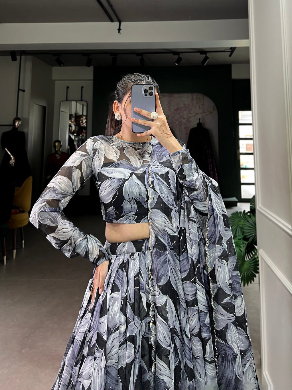 Lorenvalley Black Tabby Silk Printed with Hotfix Lehenga Choli with Dupatta