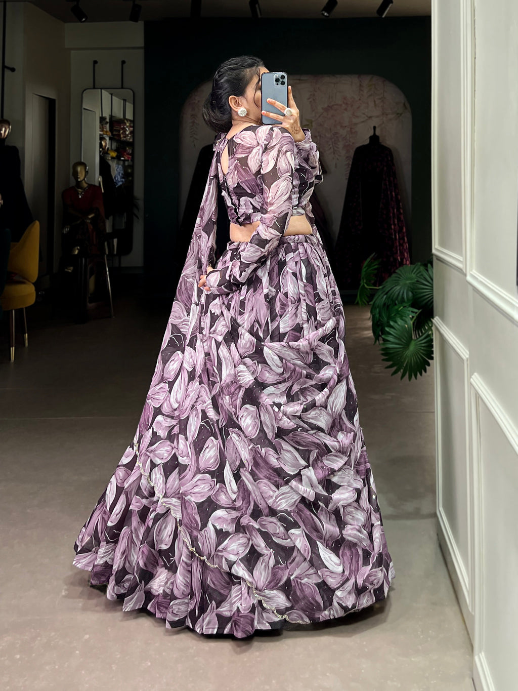 Lorenvalley Coffee Tabby Silk Printed with Hotfix Lehenga Choli with Dupatta