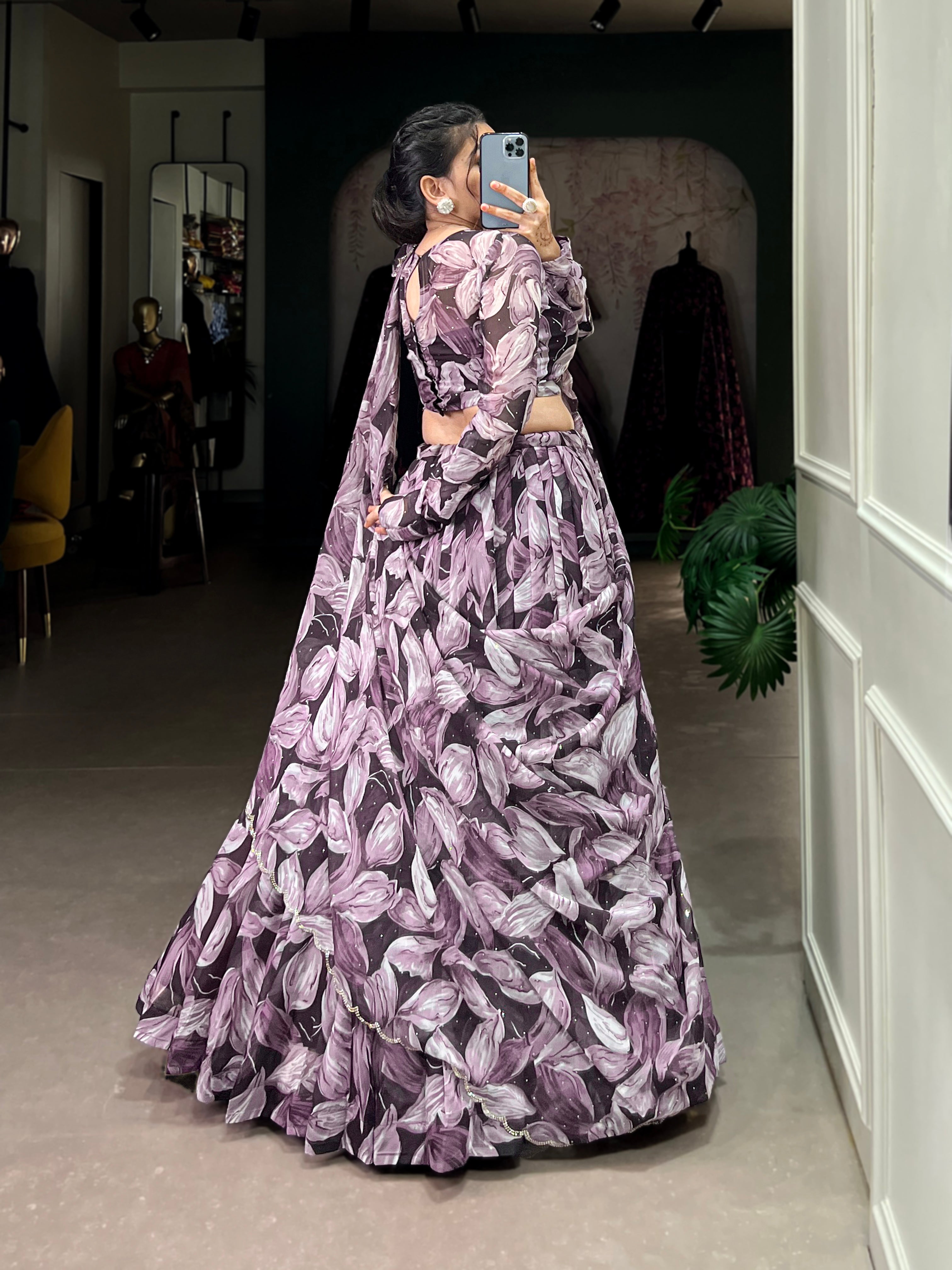 Lorenvalley Coffee Tabby Silk Printed with Hotfix Lehenga Choli with Dupatta