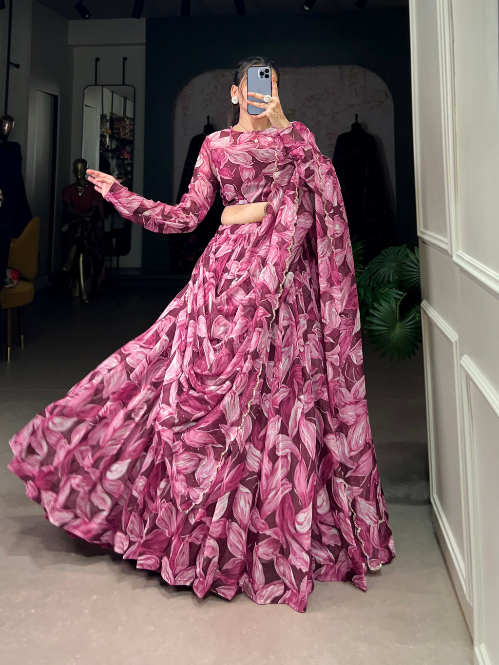 Lorenvalley Maroon Tabby Silk Printed with Hotfix Lehenga Choli with Dupatta