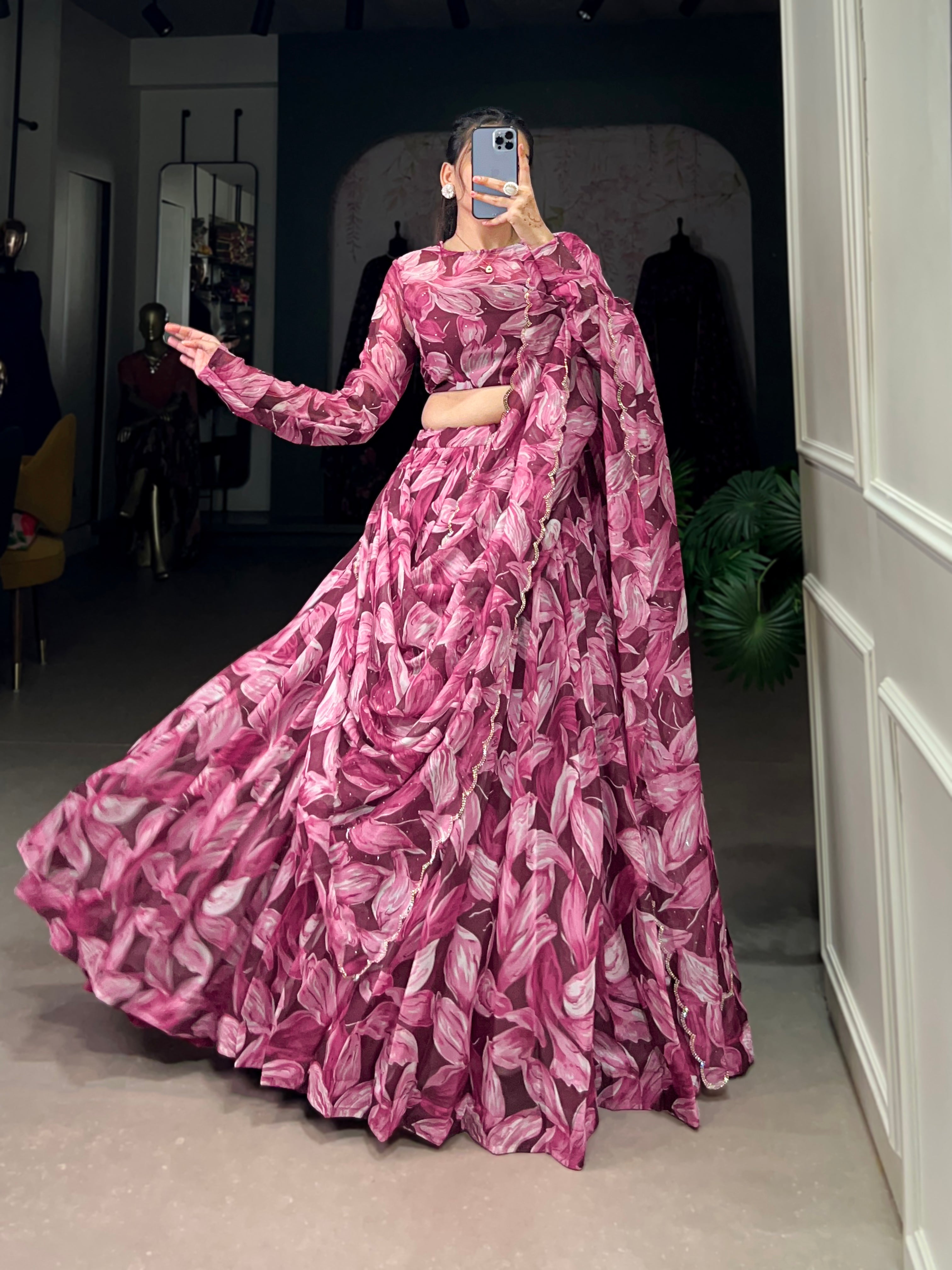 Lorenvalley Maroon Tabby Silk Printed with Hotfix Lehenga Choli with Dupatta