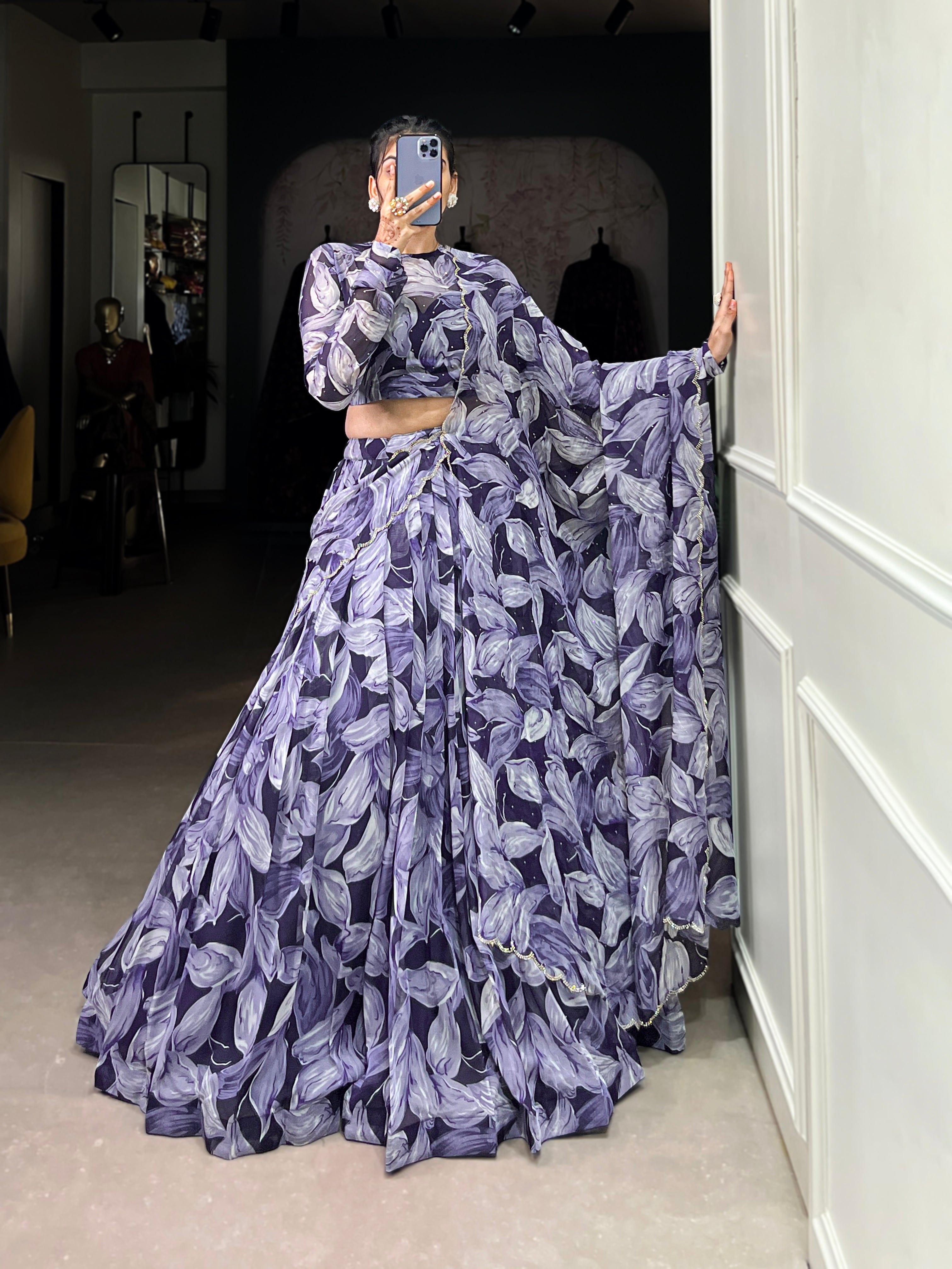 Lorenvalley Navy Blue Floral Print With Lace Touch Up Lehenga Choli with Dupatta