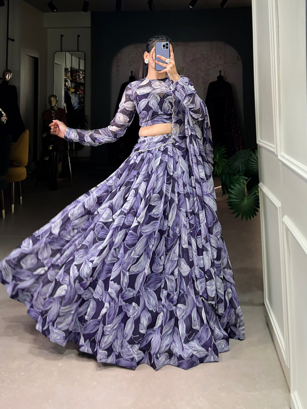 Lorenvalley Navy Blue Floral Print With Lace Touch Up Lehenga Choli with Dupatta