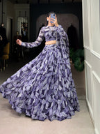 Lorenvalley Navy Blue Floral Print With Lace Touch Up Lehenga Choli with Dupatta