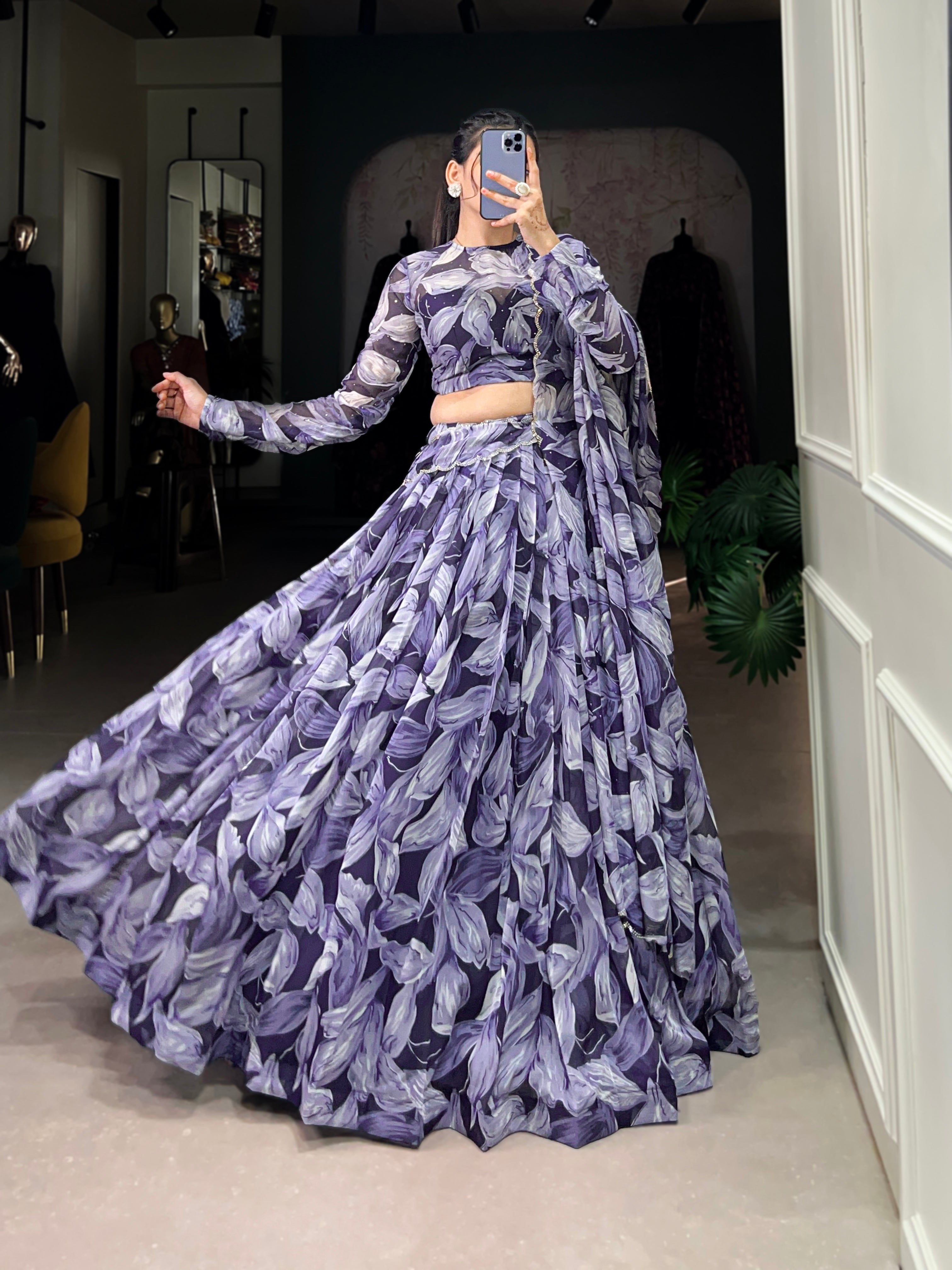 Lorenvalley Navy Blue Floral Print With Lace Touch Up Lehenga Choli with Dupatta