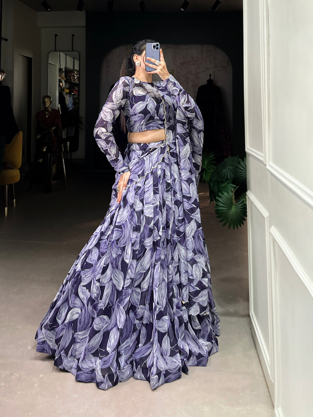 Lorenvalley Navy Blue Floral Print With Lace Touch Up Lehenga Choli with Dupatta