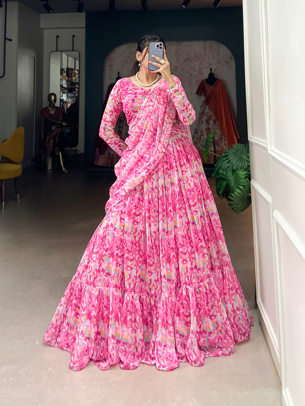 Lorenvalley Pink Georgette Printed Lehenga Choli